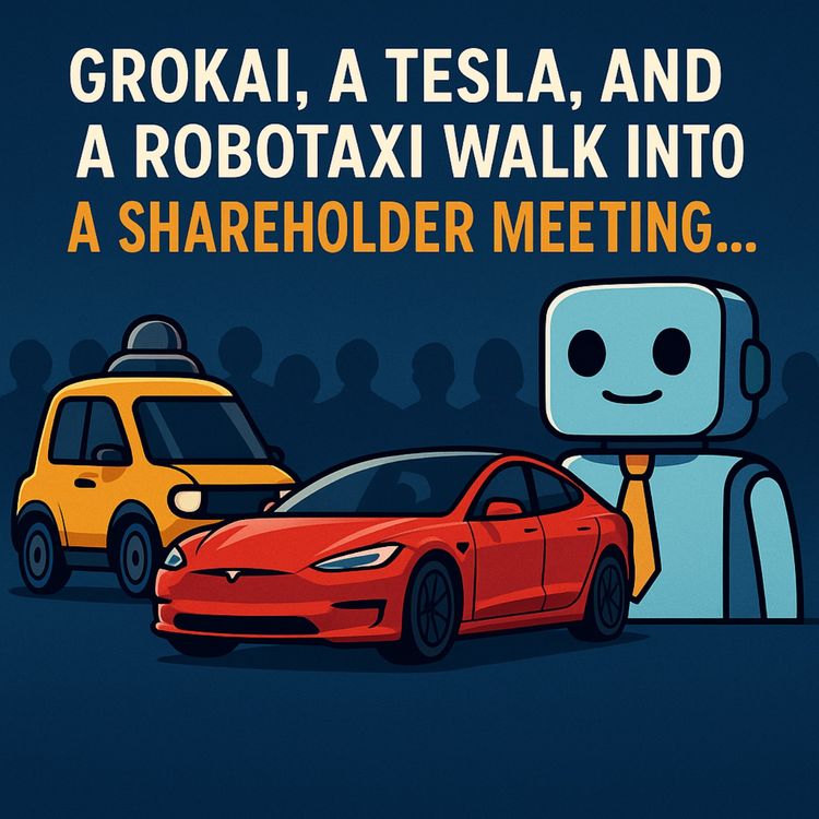 cover art for GrokAI, A Tesla, and a Robotaxi walk into a Shareholder Meeting...