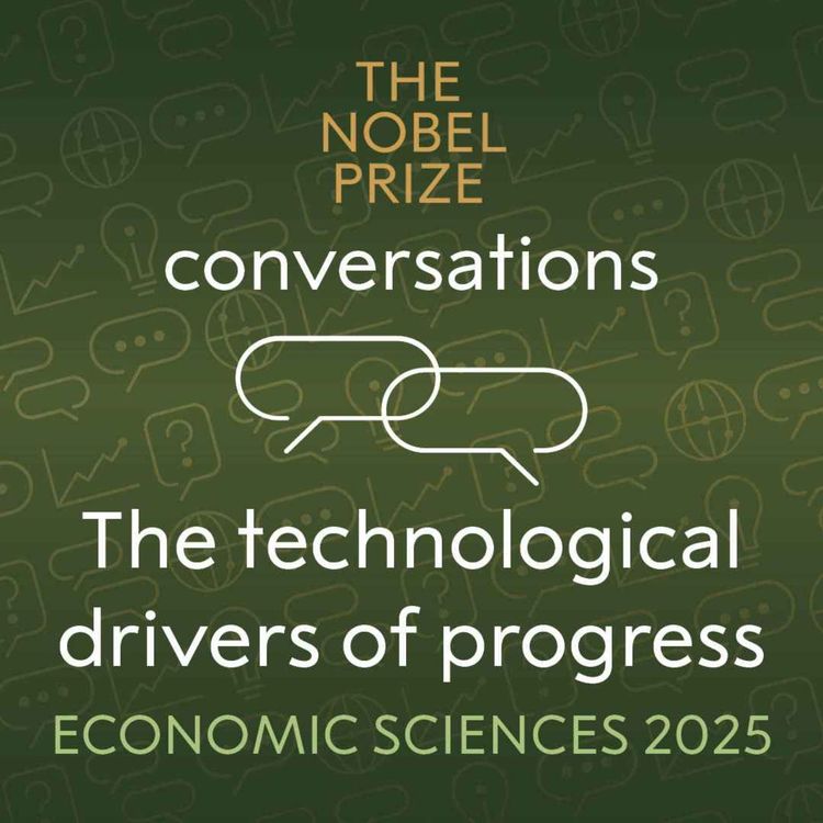 cover art for 'The technological drivers of progress' with economic sciences laureates: Joel Mokyr, Philippe Aghion and Peter Howitt