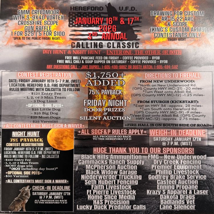 cover art for Dusty and Jake from Hereford VFD, talking about there annual Coyote Calling Contest Jan 16th and 17th