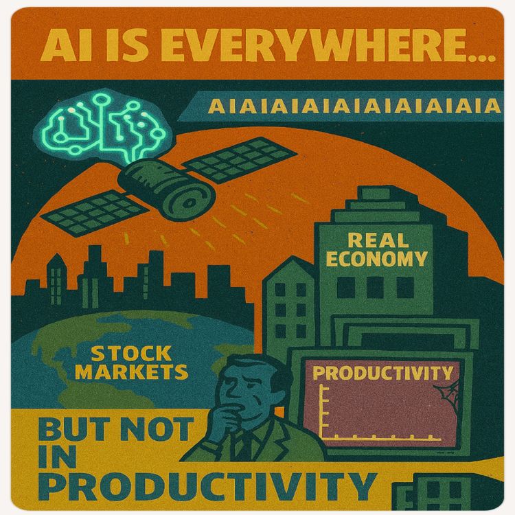 cover art for AI is everywhere apart from the data. Trump crowns himself and dumps on Americans.