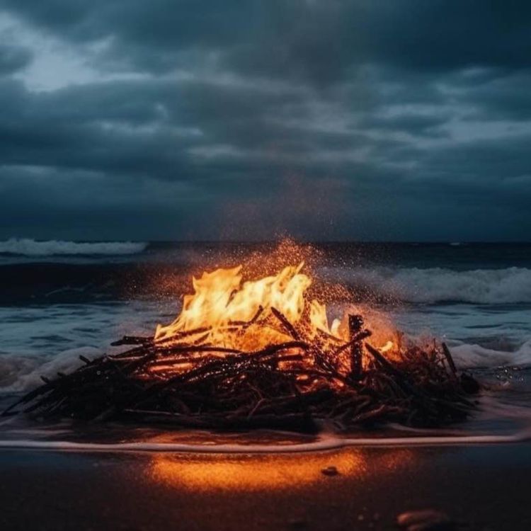 cover art for "summer evening by the seaside" - crackling bonfire sounds, soothing sea waves, and 432 Hz relaxing music for relaxation and sleeping