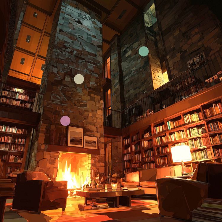 cover art for 暖炉の火が揺れる、居心地の良い城の図書室