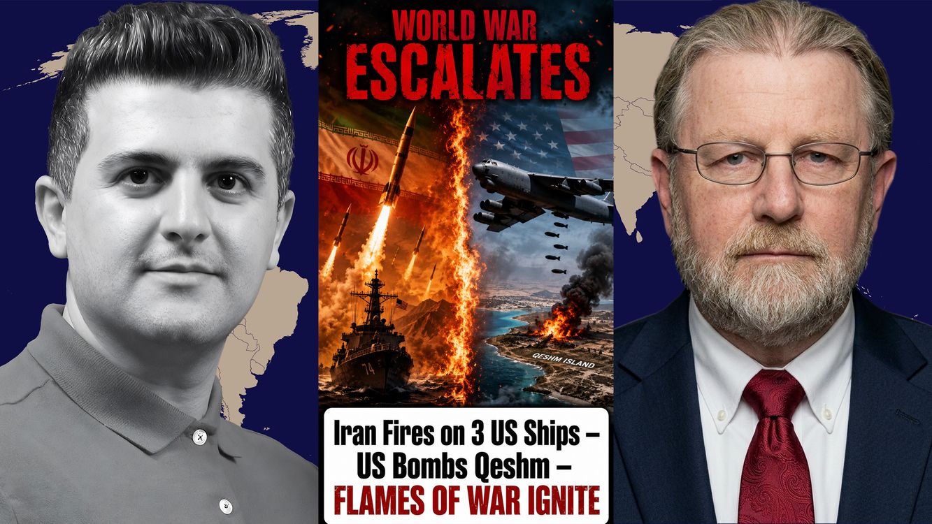 cover art for Larry Johnson: Iran Fires on 3 US Ships – US Bombs Qeshm – FLAMES OF WAR IGNITE