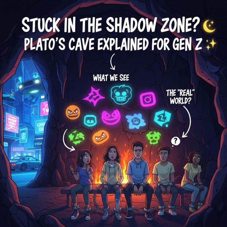 cover art for Stuck in the Shadow Zone? 🌑✨ Plato's Cave Explained for Gen Z | Shadow Zone Mein Phansay Hue? 🌑✨ Plato Ki Cave Gen Z Ke Liye