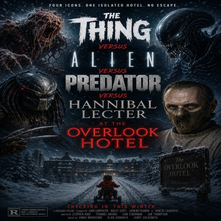 cover art for THE THING vs ALIEN vs PREDATOR vs LECTER at the OVERLOOK HOTEL