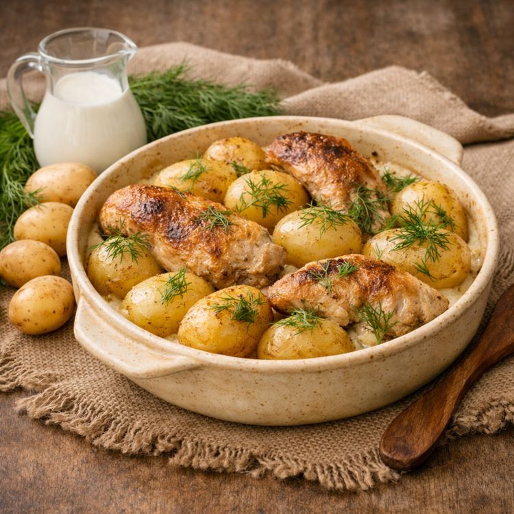 cover art for New Potatoes (and Chicken) Baked in Cream